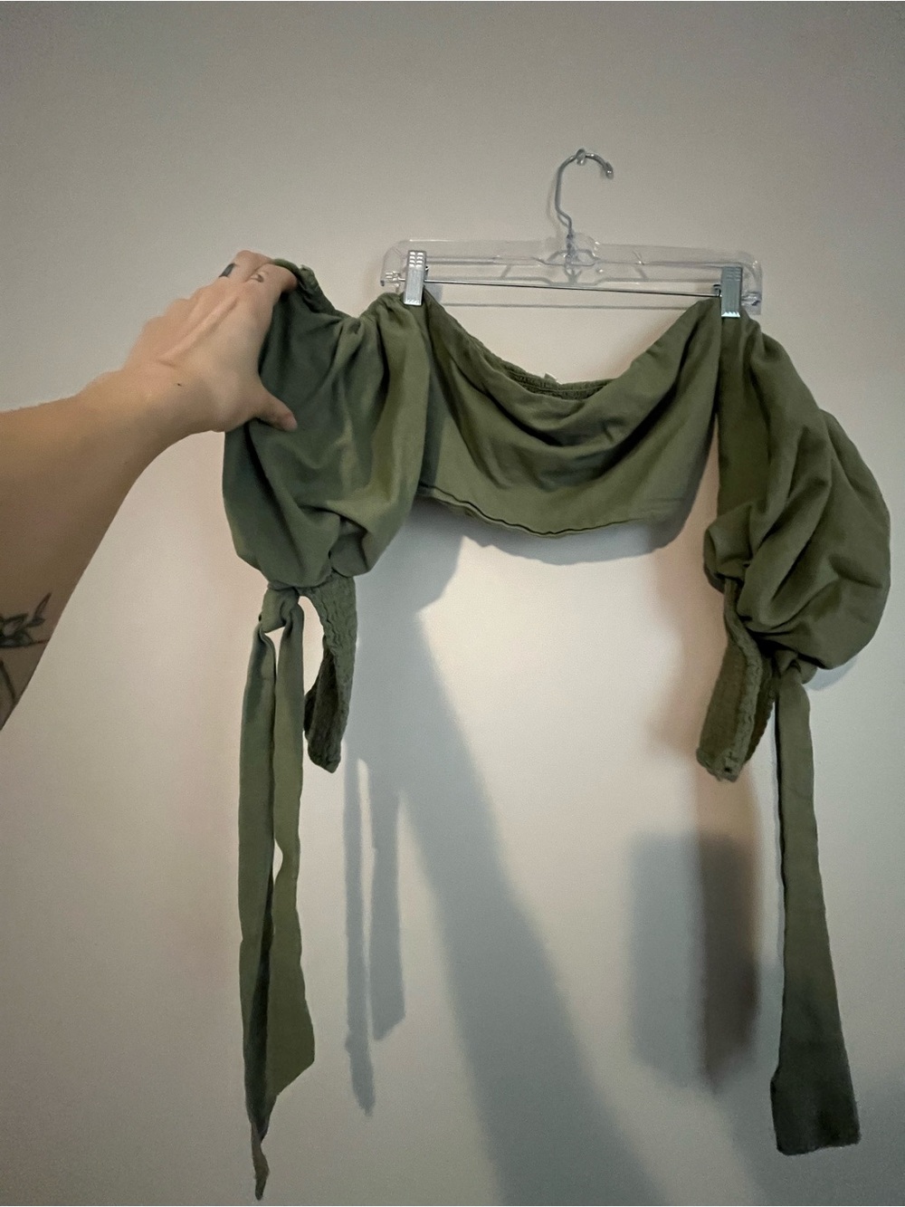Fashion Nova Olive Off-Shoulder Tie-Sleeve Crop Top